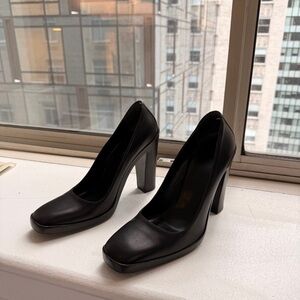 Balenciaga Black Leather Square Toe Chunky Pumps